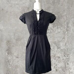 Ann Taylor Black Button Up Midi Dress with Ruffle Detail Cap Sleeve Sz X-Small